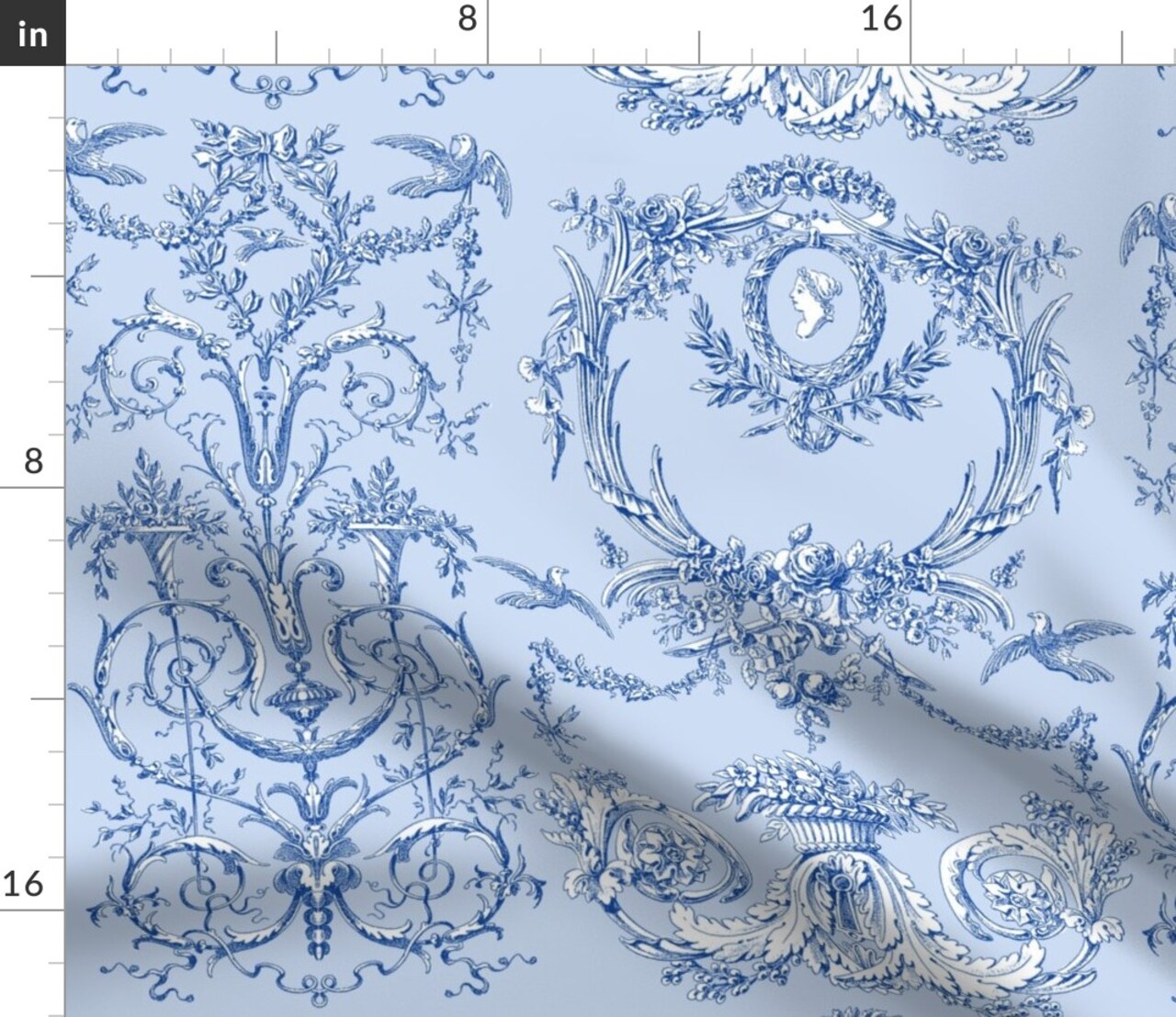 Blue And White Toile Blueberry Rococo Scrolls Toile De Jouy French Country Cottage Chic Custom Printed Fabric by Spoonflower Various Fabrics by the Yard or Fat Quarter